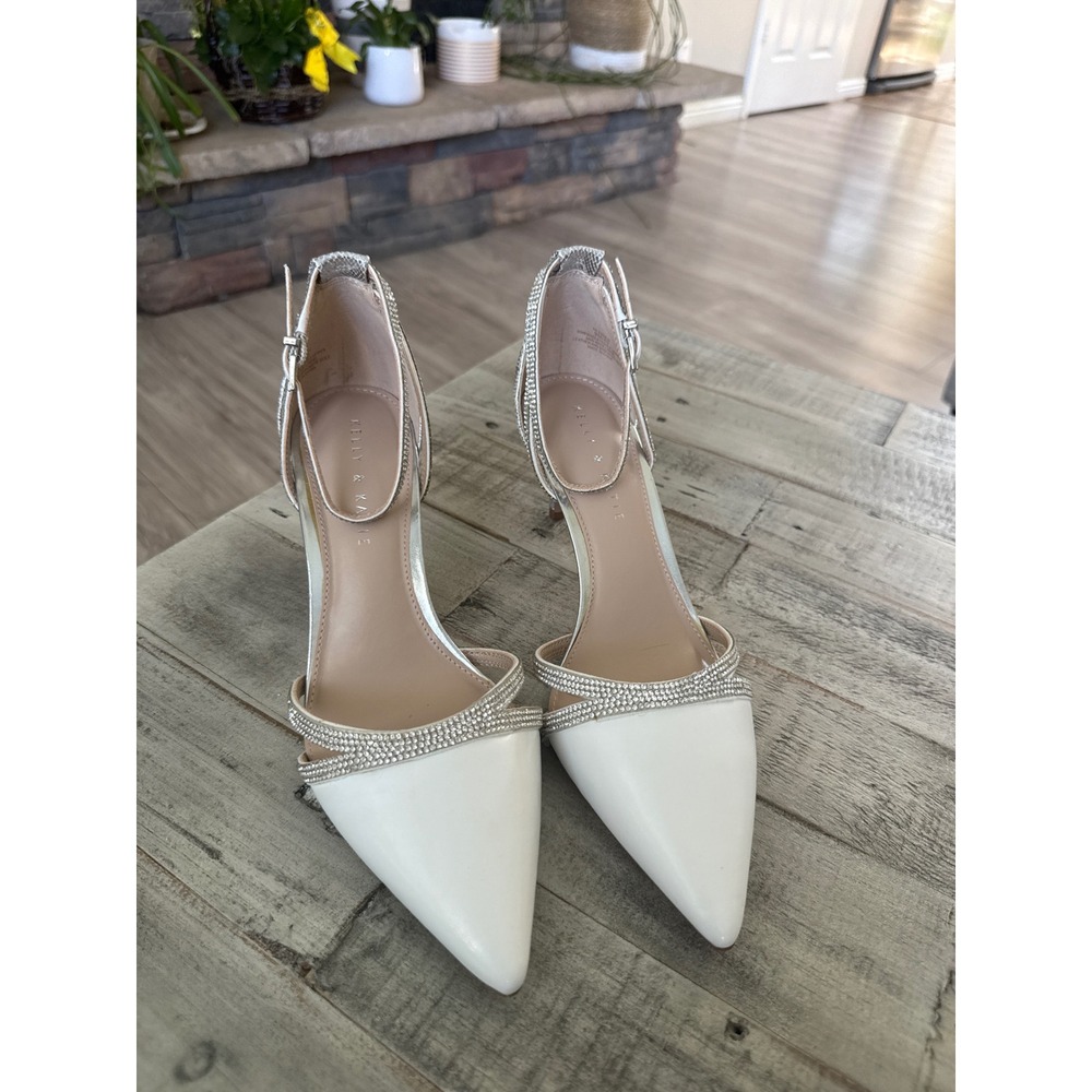 Kelly & Katie Zadie-H White Silver Rhinestone Pointed Toe Ankle Strap Pumps 9M